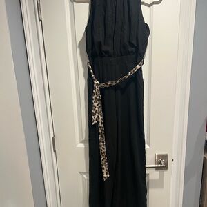 Elegant Black Maxi Dress with Leopard Print Belt